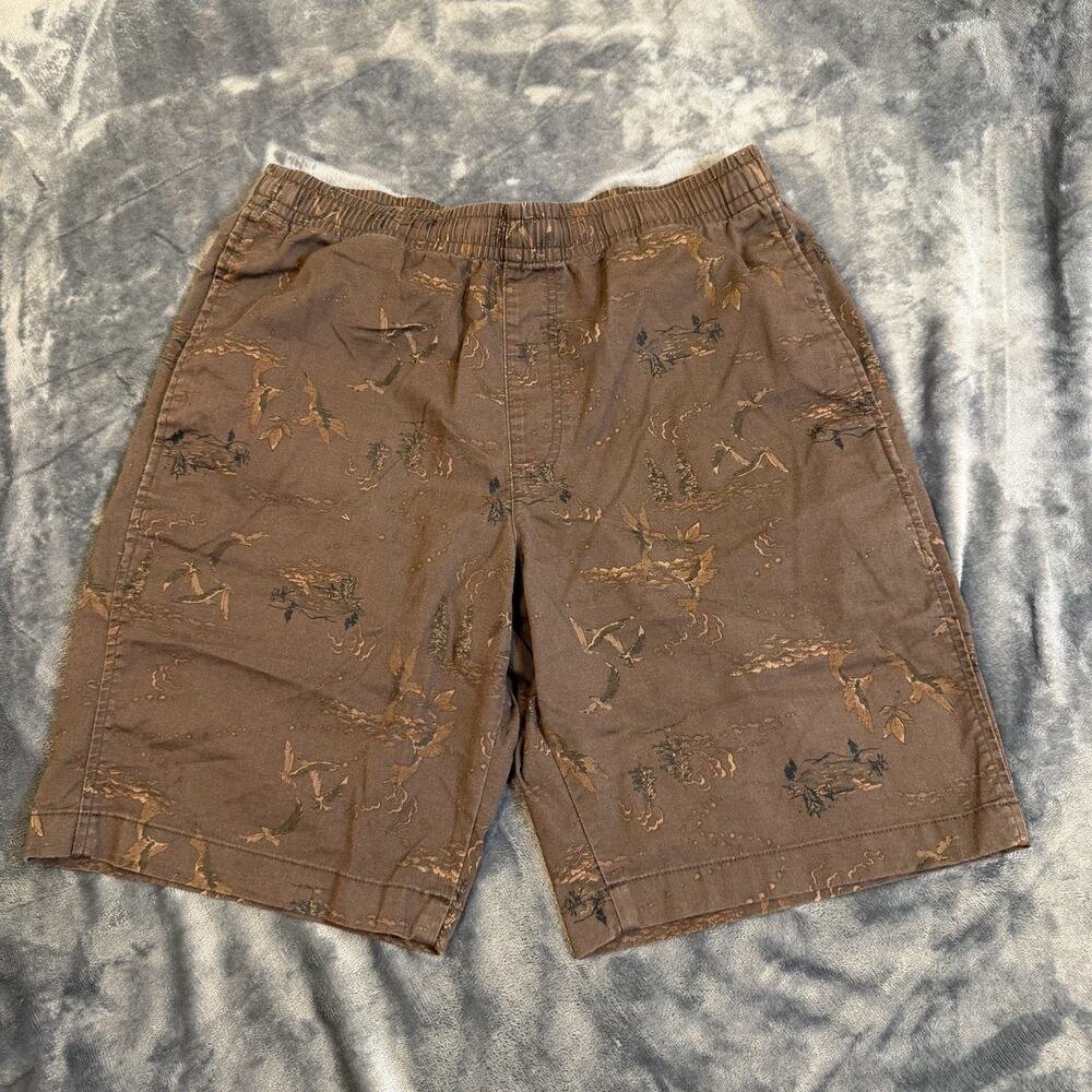 UNIQLO Dry Stretch Easy Shorts Sz M Brown Duck Mallard Flying Bird Print Wild